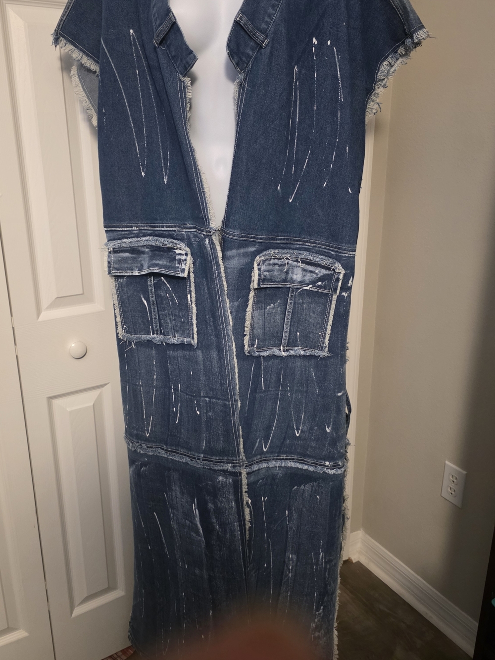 Denim Maxi Vest with Paint-Splatter Detail